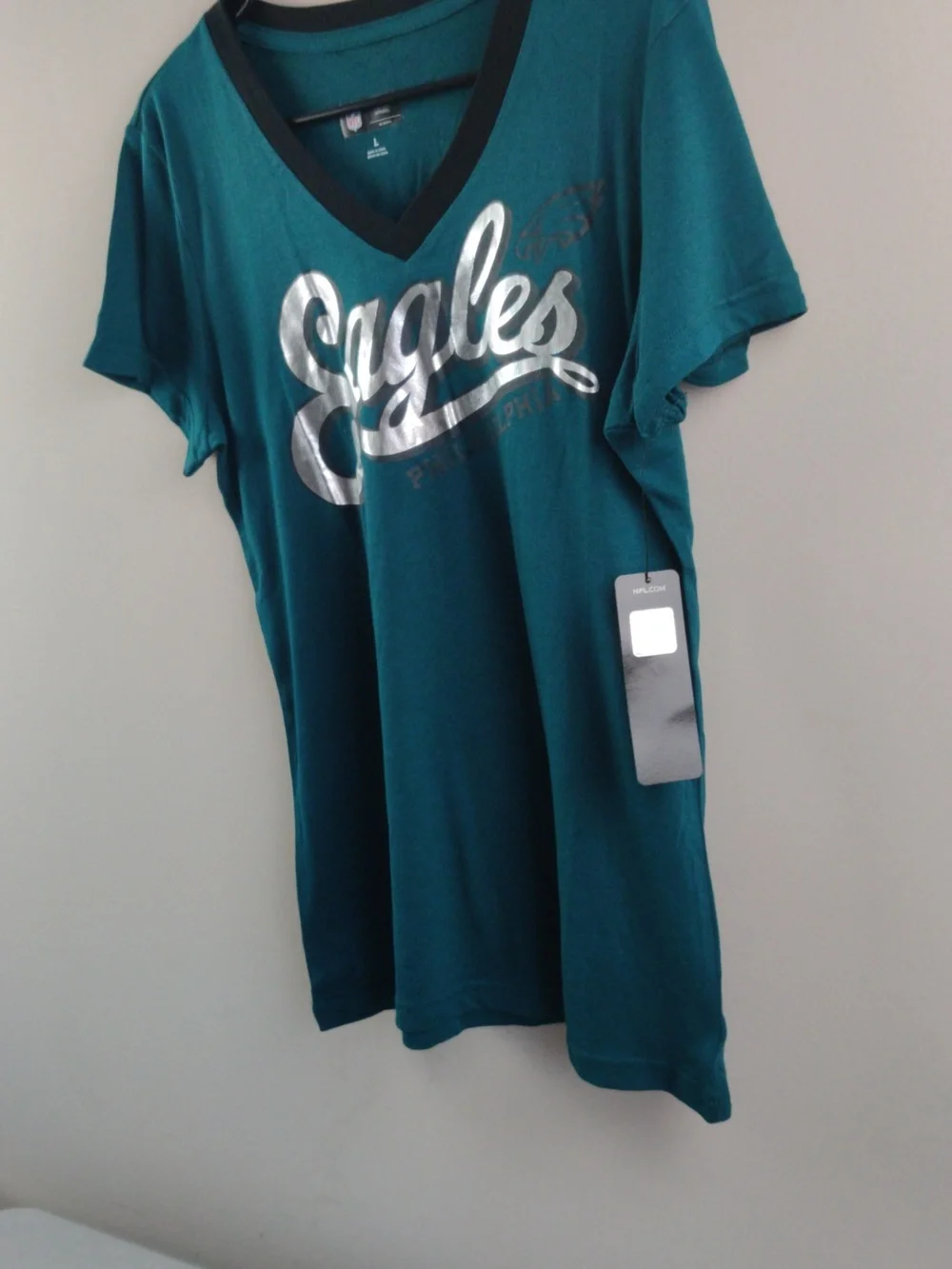 NFL Women's Teal V-Neck Eagles Script Tee - Picture 4 of 6